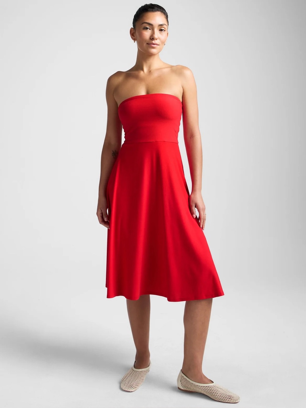 Beyond Yoga Featherweight Strapless Dress Candy Apple Red Medium Super Soft